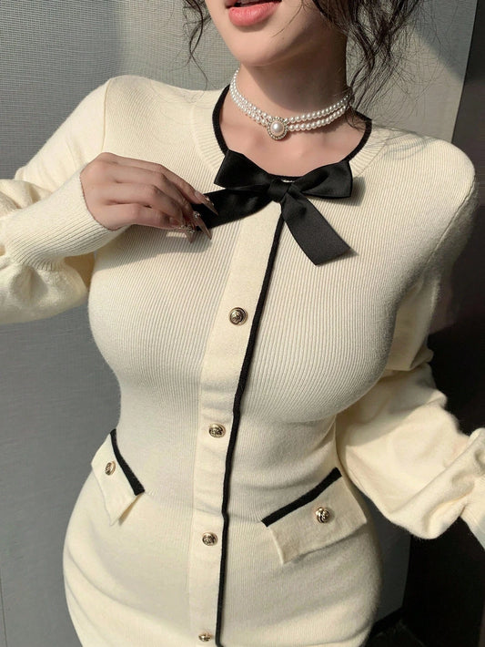 Robe pull élégante à col rond et blocs de couleurs pour femme, automne