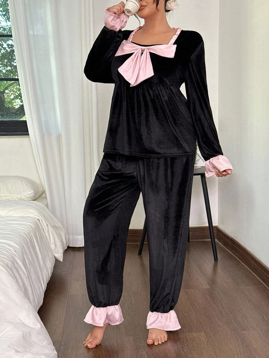 Ensemble de pyjama pour femmes avec nœud en velours, garniture volantée bicolore, automne/hiver