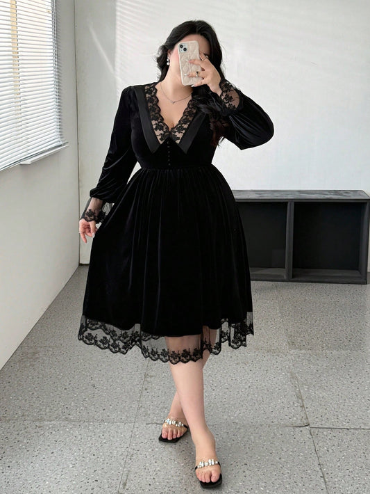 Robe élégante à col en V, patchwork en dentelle, taille de princesse, manches longues