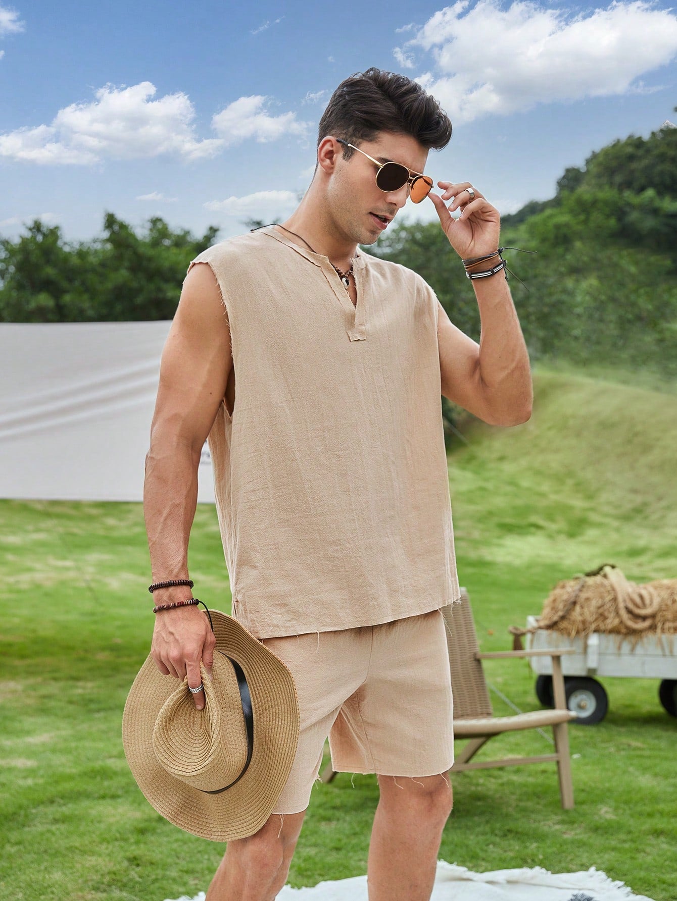 Ensemble haut sans manches et short  en coton pour Hommes