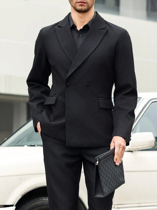 Ensemble veste de costume et pantalon à col cranté, couleur unie, manches longues.
