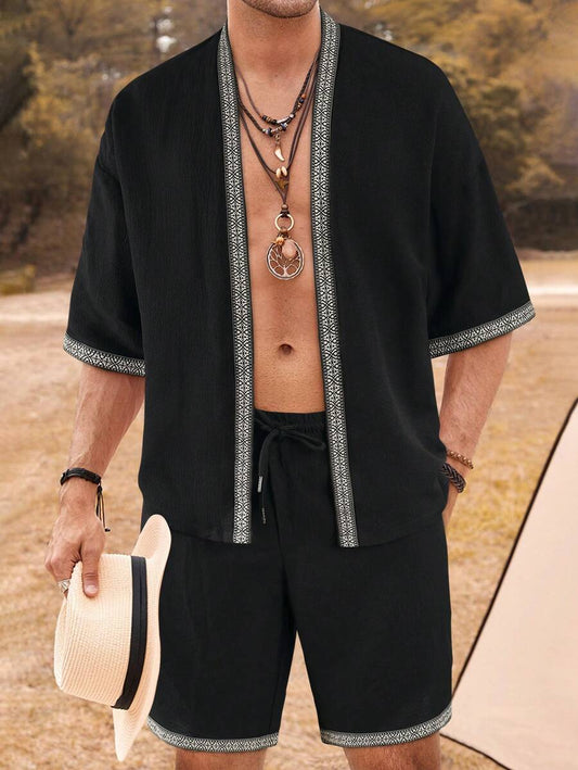Ensemble deux pièces pour homme, Cardigan kimono ample à bordure contrastée et short à cordon de serrage.