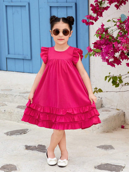 Robe décontractée ample pour jeune fille de couleur unie  sans manches avec ourlet à volants